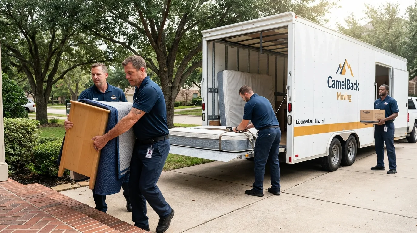 Crew loading residential truck for cross-state move from Columbus, WI