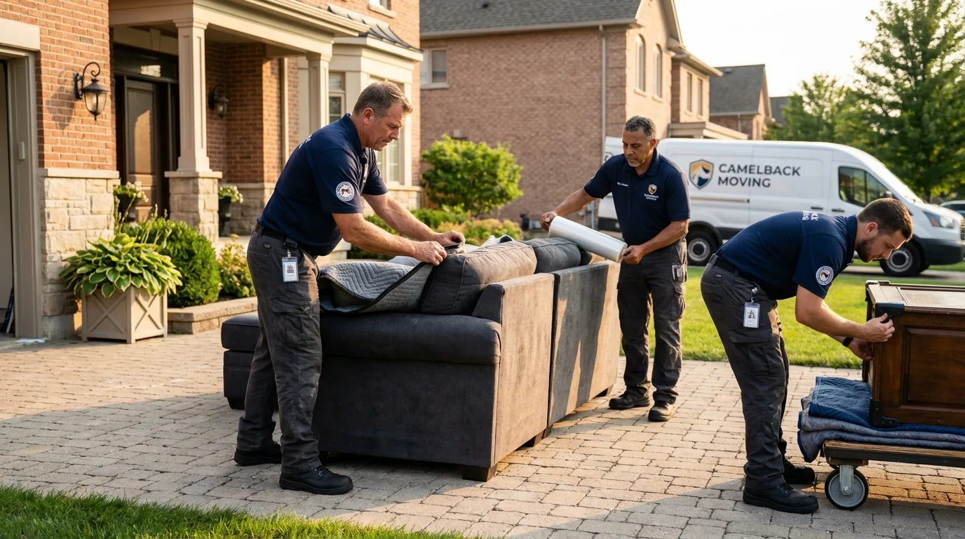 Large estate moving crew wrapping furniture in Columbus, WI