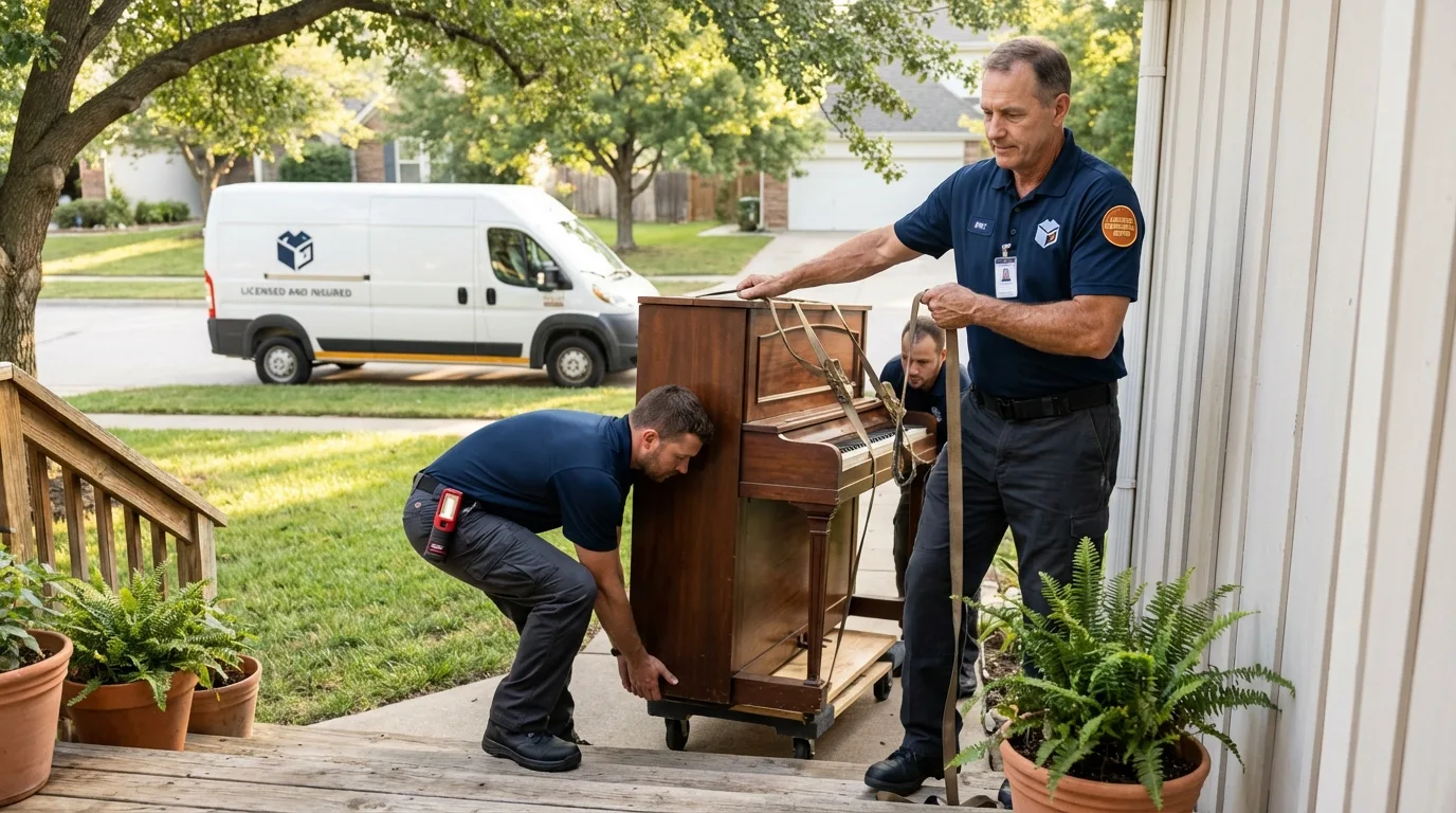 Licensed piano movers securing grand piano in Columbus, WI
