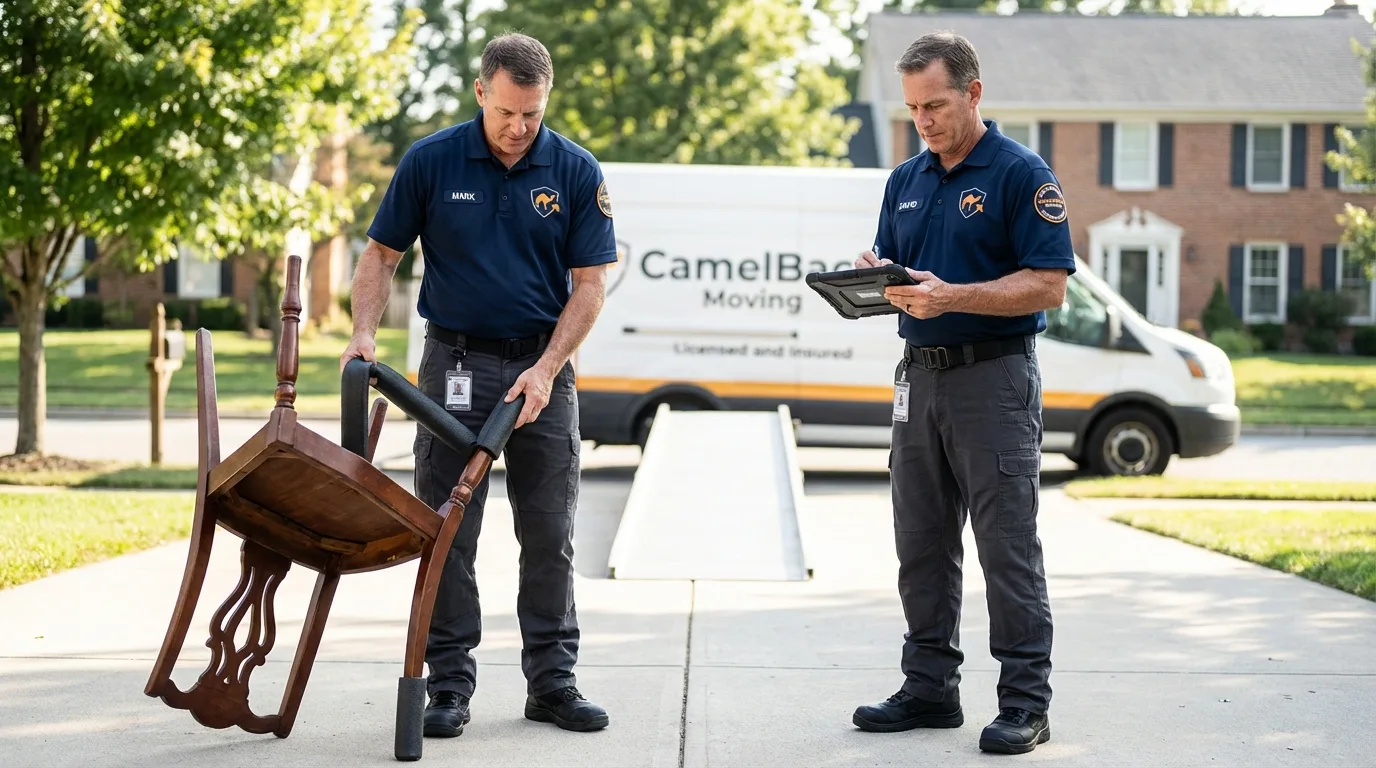 Movers inspecting furniture for damage prevention before loading in Columbus, WI