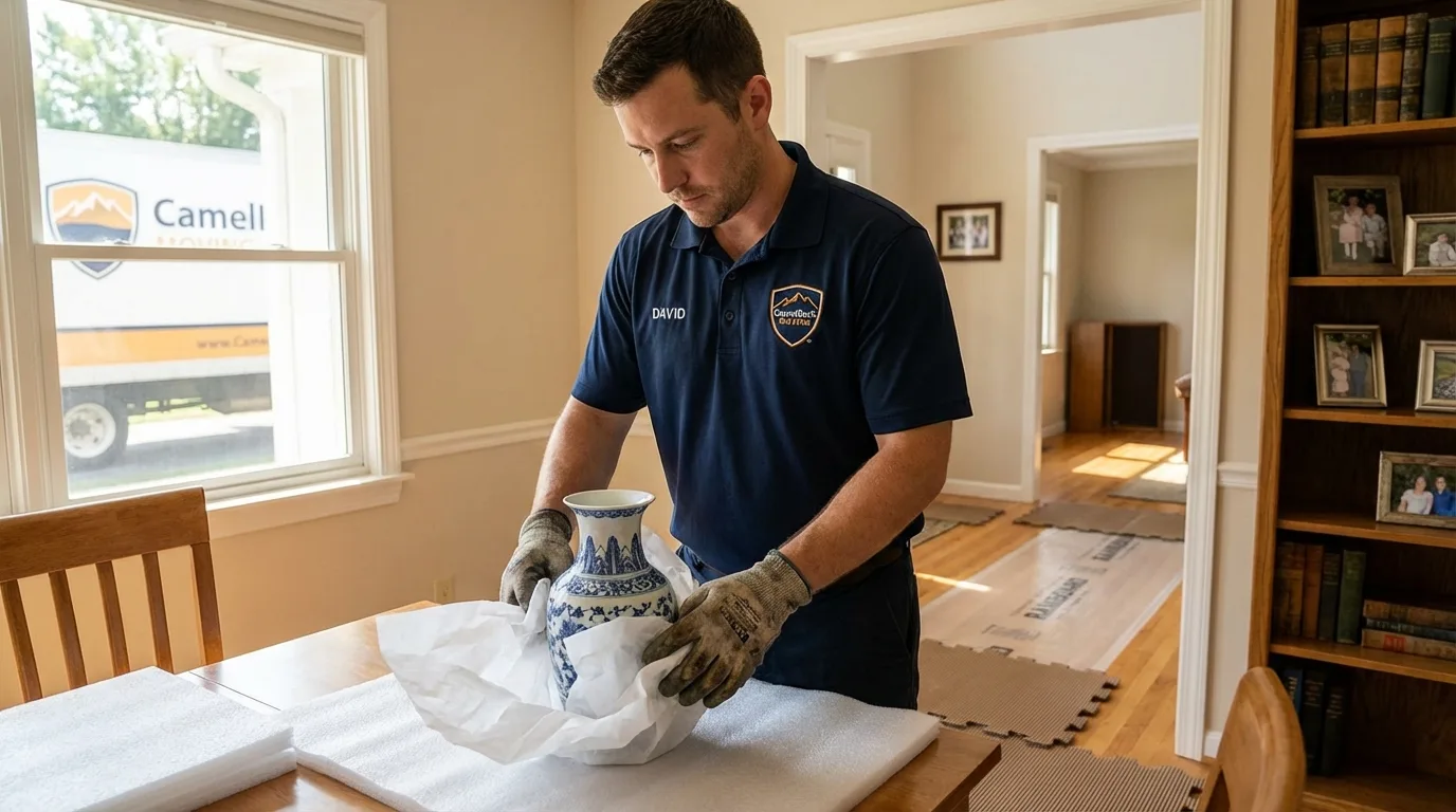 Professional crew carefully wrapping antique vase for senior downsizing move in Columbus, WI